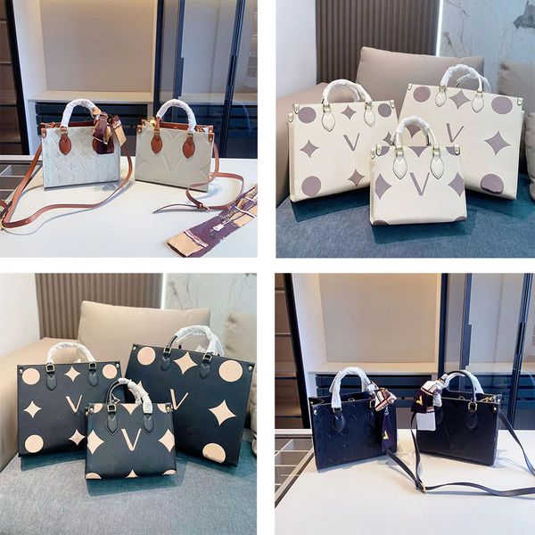 

designer bag women tote bag genuine leather letter embossing flower monograms on the go handbag purse crossbody shopping bag 3 sizes