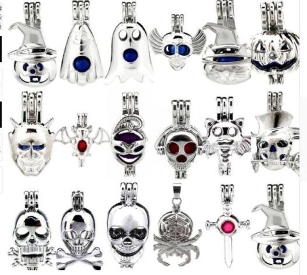 

mix 20 styles halloween themes pearl cages pendants skull ghost bat pumpkin spider silver plated cage locekts 5pcs6417388