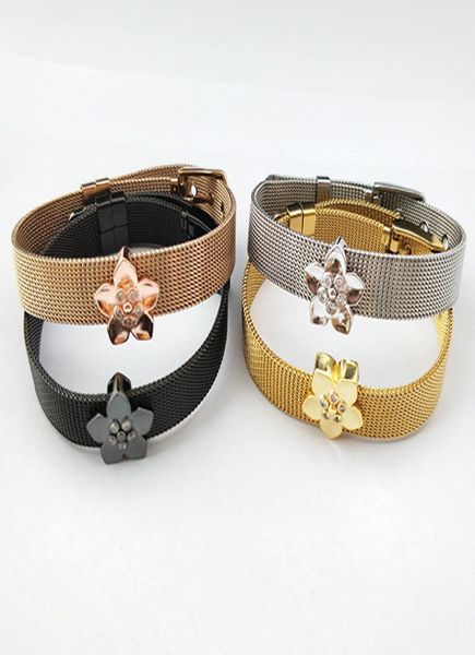

stainless steel watch belt bangle clear cz micro pave plum blossom shape connector bracelet for xmas gifts bg2256052514, Black