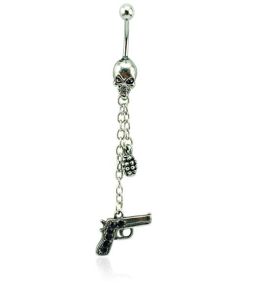 

brand new belly button rings surgical steel skull barbell dangle link chain gun navel piercing jewelry8008785, Silver