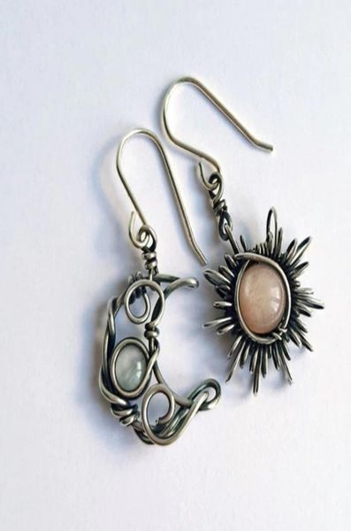 

bohemian wind retro sun moon earrings moonstone asymmetric dangle9306772, Silver