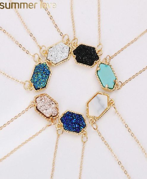 

new design geometric druzy necklaces 14 colors gold silver plated geometry stone pendant necklace for elegant women girls fashion 4310096