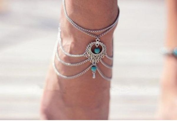 

boho vintage turquoise charm anklets multi layer ankle bracelets national style womens barefoot sandals6682738, Red;blue