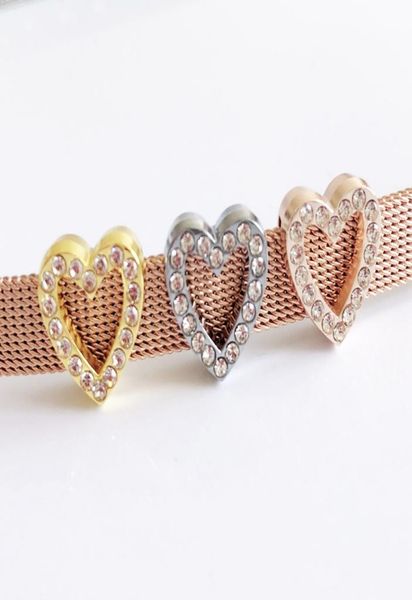 

10pcs mixed color rhinestone heart slider charms beads fit 8mm collar name belts tags phone straps3971797, Bronze;silver