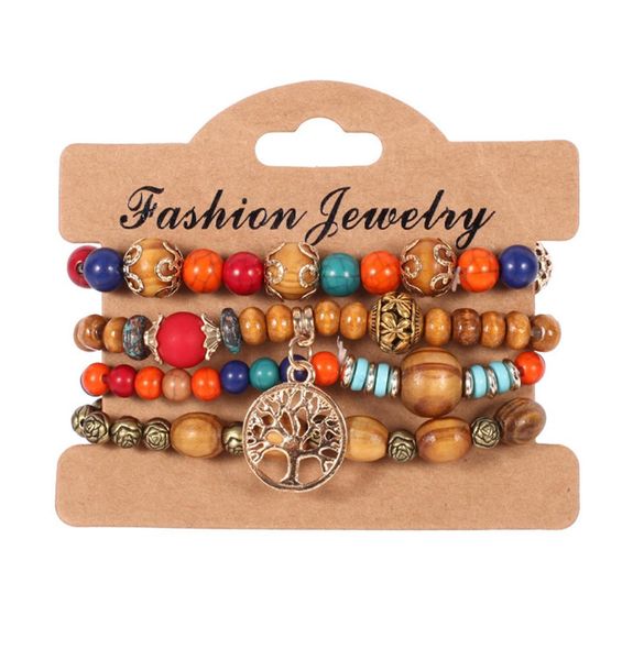 

4pcslot vintage tree of life charm bracelets set for women wooden wood beads elasticity chains bangle fashion bohemian jewelry3973309, Black