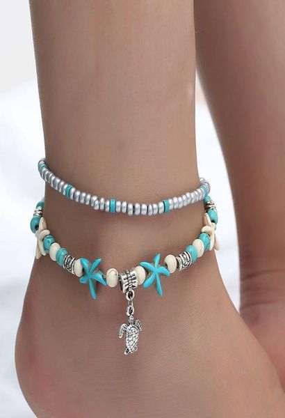 

bohemian starfish beads stone anklets for women boho silver color anklet chain bracelet on leg beach ankle jewelry gifts8884724, Red;blue