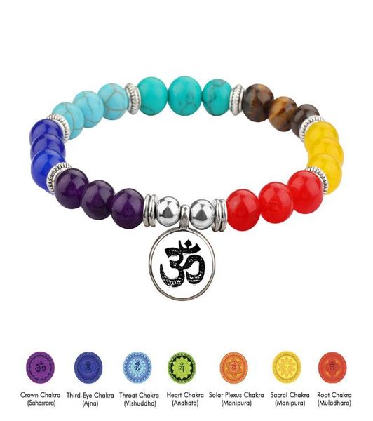 

7 chakra stone beaded bracelets om pendant stretch strand bracelet for men women yoga charm jewelry6212436, Black