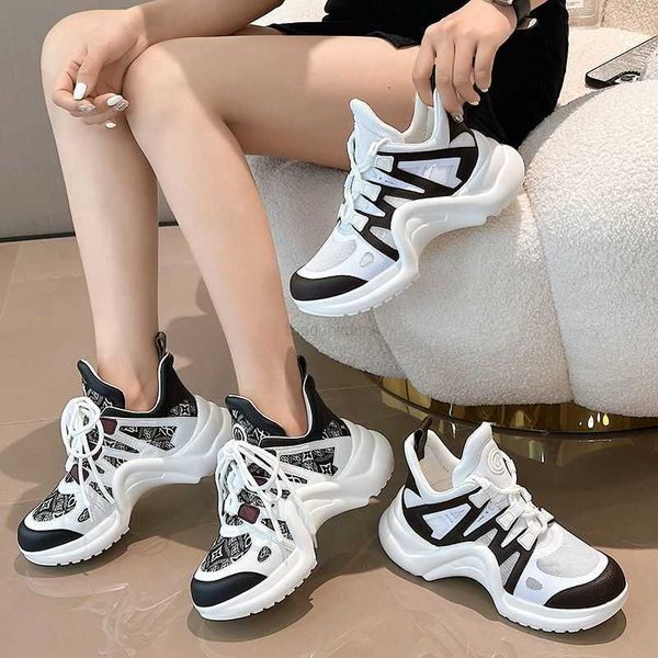 

lvity bow soled dad's shoes ins trendy women's 2023 new mesh red thick soled high rise sports shoes slimming leather casual shoes, Black