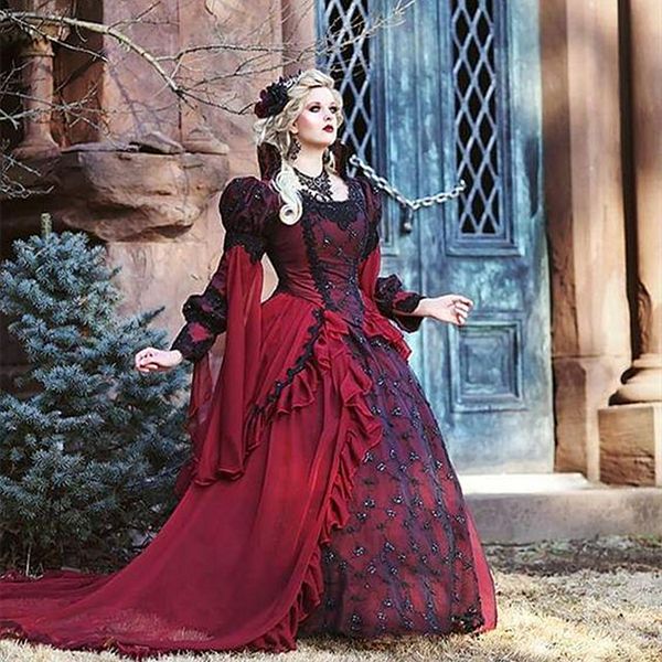 

vintage gothic victorian wedding dresses long sleeve medieval steampunk burgundy and black bridal gowns lace appliques chiffion women wear 2, White