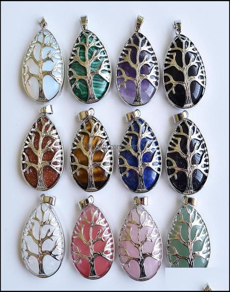 

charms jewelry findings components amethysts rose quartz lapis stone teardrop bead chakra tree of life pendant diy necklace access2496561, Bronze;silver