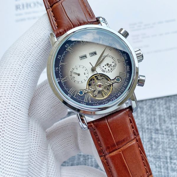 

2023 luxury men's watch mechanical hollow out brand design calfskin watch strap men's fashion accessories holiday gift, Slivery;brown