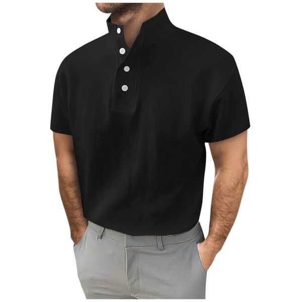

men s dress shirts 2023 summer fashion button round cotton t shirt for men neck casual solid color short sleeve handsome clothing 230707, White;black