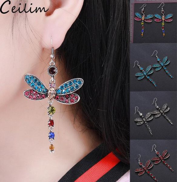 

fashion dragonfly tassel earring vintage colorful crystal dangle earrings for women drop dangle earring boho design jewelry4711925, Silver