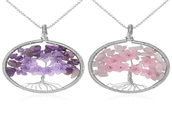 

tree of life pendant necklace natural stone silver color wire wrap quartz crystal chip bead flower reiki jewelry women3947639