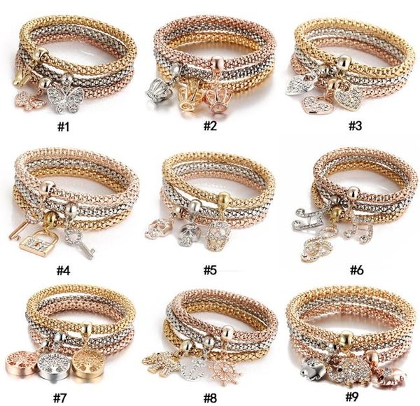 

3pcsset crystal owl crown heart bracelets rhinestone elephant skull music notes butterfly key lock tree of life charm bangle jewe9523951, Golden;silver