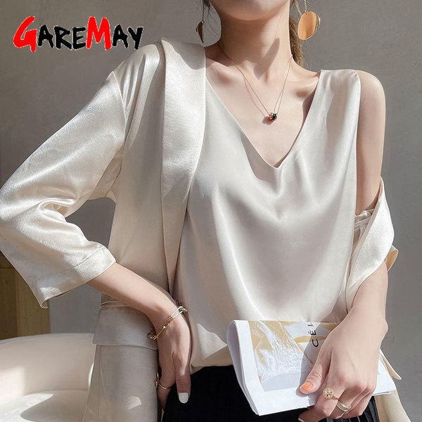 

pants women's blouses new summer casual v neck basic satin blouse 2023 loose white office green silk blouses for women