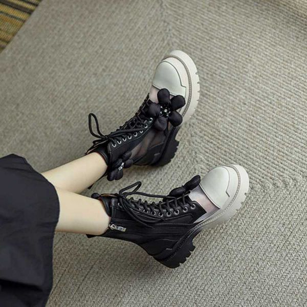 

2023 summer new women's shoes sandals french outwear flower mesh short boots round toe, Black
