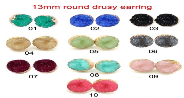 

selling 13mm round druzy stone stud earrings bling heart drusy rhinestone gold earrings for women5695216, Golden;silver