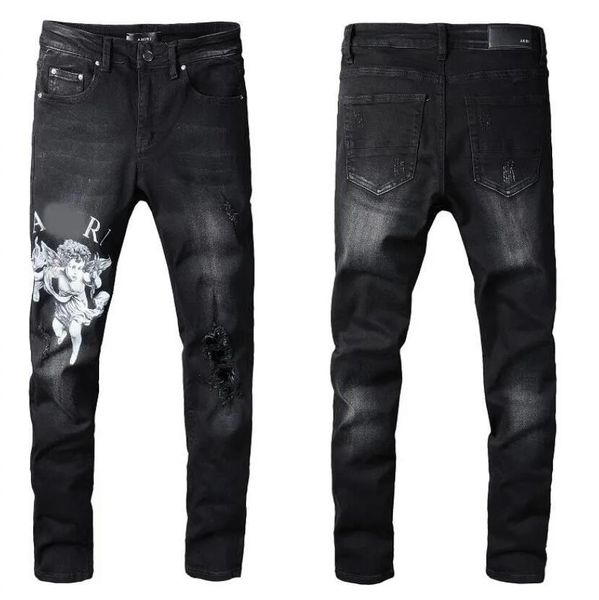 

mens plated ripped blue skinny jeans fashion designer distressed slim fit motorcycle biker hole beggar hip hop denim pants #035