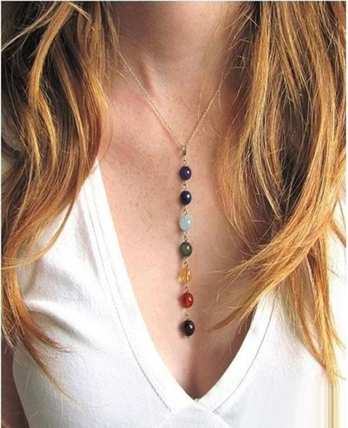 

7 chakra beads pendant necklace with real stones mala yshaped chain necklaces reiki chakra healing energy beads yoga necklace8005225, Silver