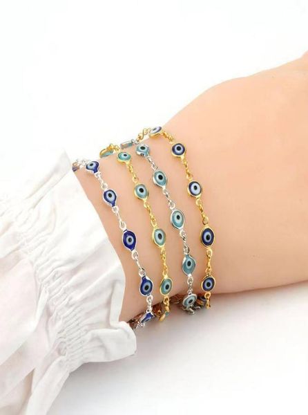 

women dainty evil eye chain bracelet lovely blue eyes beads link chain bangle good luck protection enamel beaded turkish jewelry4218563, Golden;silver