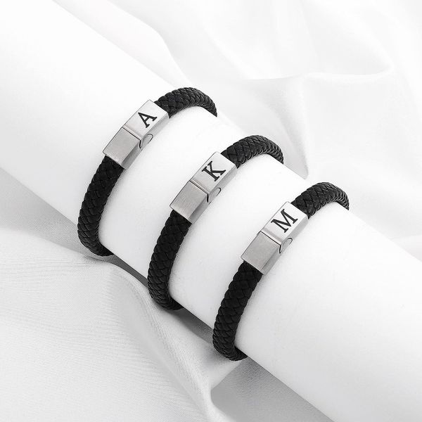 

leather bracelet for men adjustable mens leather letter bracelet with stainless steel magnetic clasp braided chain, Golden;silver