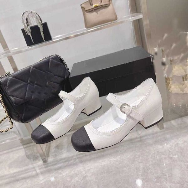 

2021 cowhide mary jane single spring new mid heel sweet round head shallow mouth belt buckle women's shoes trend, Black