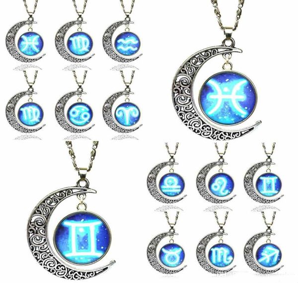 

pretty necklaces pendants 12 signs constellation blue moon pendant space necklace men women jewelry accessories long chains charms8106545, Silver