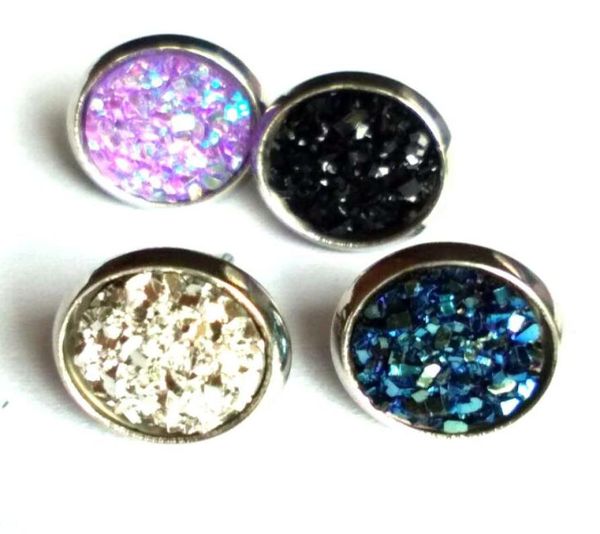 

new handmade resin round drusy druzy stud earrings trendy simple stainless steel resin stone earring for kids gift 8mm6341687, Golden;silver