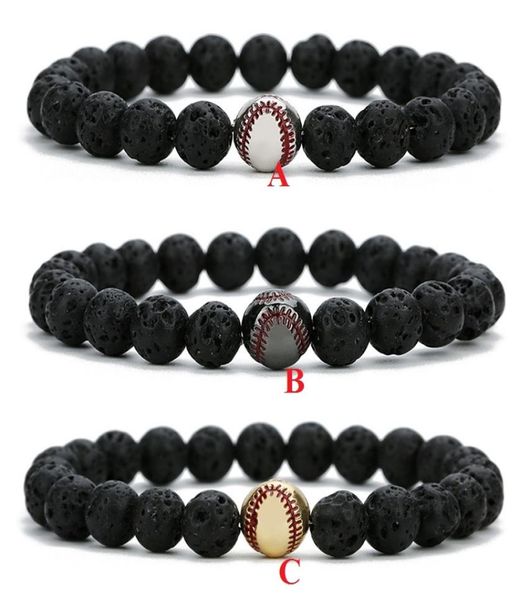 

copper baseball ball charms strand bracelet 8mm black lava stone beads volcano diy essential oil diffuser bracelets wristband jewe4381240, Golden;silver
