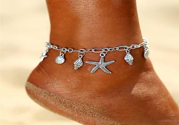 

bohemian starfish shell pendant anklets for women fashion silver color conch ankle bracelets on the leg boho beach accessories4717852, Red;blue