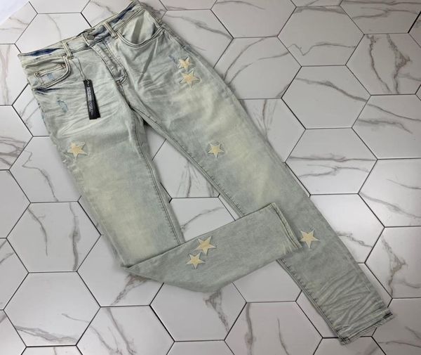 

new tide brand knee hole patch jeans slim feet micro stretch personality jeans mens designer fashion brand trousers size 3038 706948, Blue