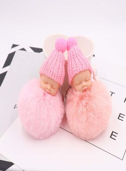 

baby fur ball doll keychain sleeping baby doll pompom rabbit fur key chain car keyring key holder charm jewelry4606952, Slivery;golden