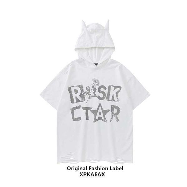 

stussys men's t-shirt brand european and american retro men's and women's hooded perforated t-shirt washed old hiphop loose s, White;black
