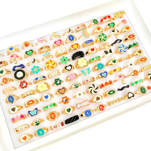 

10/20pcs colorful drop oil cute sweet women vintage rings for girl fashion gold plated ins jewelry flower wedding party gift finger charms w, Golden;silver