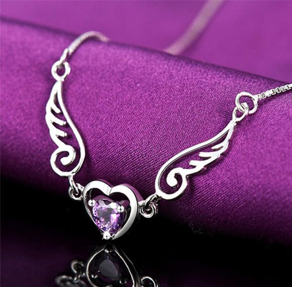 

925 sterling silver pendant necklace angel wings necklace female purple zircon pendant love heart shaped short necklace2025803