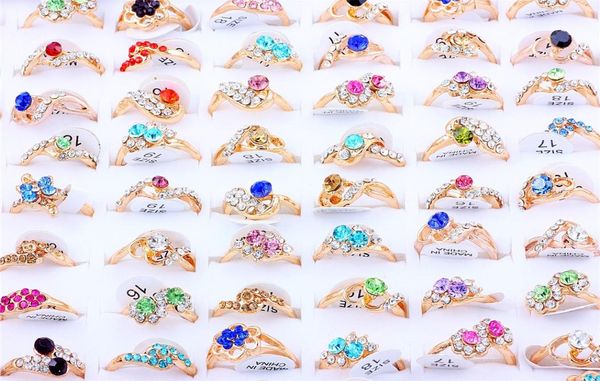 

whole lots mixed style 50pcs rings band colorful flower cz rhinestone golden ring wedding engagement gift fashion jewelry2691903, Silver