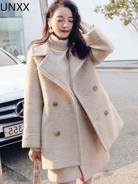 

dress unxx winter women 2 piece set female woollen tweed double button blazer+irregular split pencil skirt suits high street haruku, White