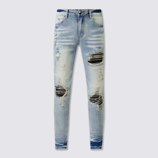 

new jeans for mens holes vintage distressed pants man washed biker trousers fashion casual mature trendy denim pant hip hop motorcycle jean, Blue