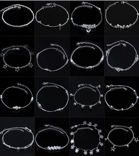 

925 sterling silver anklets jewelry for women silver plated chain clover star cross beads ankle bracelets summer beach foot jewelr5842804, Golden;silver