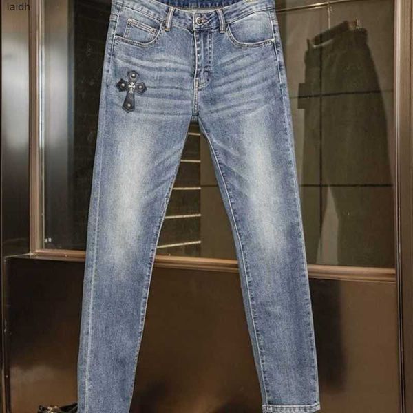 

designer clothing ch chromes heart crow cross skinny washed old light jeans mens fashion brand high street ruffian handsome slim fit smallrk, Blue