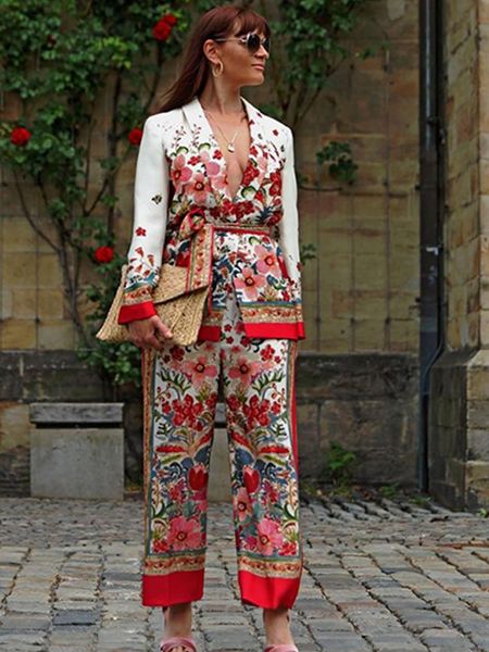 

pants printed notched blazer women suits with belt elastic high waist wide leg female pants two piece set long sleeve outfits, White