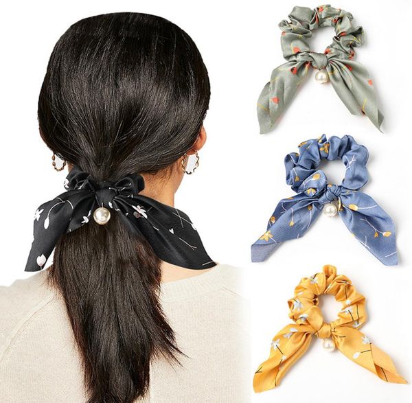 

new satin bowknot hair scrunchies for women cute pearl ponytail holder hair ties bows rubber bands women hair accessories9541283, Golden;silver