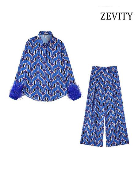 

dress zevity women fashion with feathers printed shirts and high elastic waist wide leg pants female two piece sets mujer, White