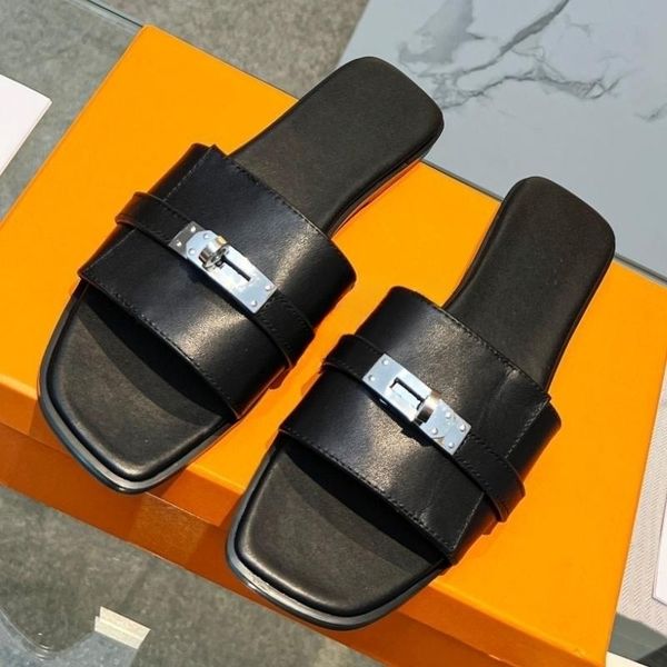 

fashion designer sandals pure steel kelly buckle flat leather slippers white middle heel flat sandals women wear fashion holiday, Black