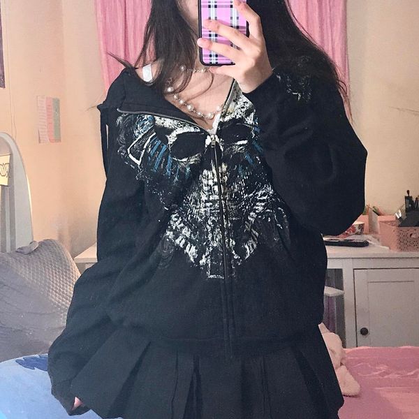 

women's hoodies sweatshirts doury vintage gothic grunge skull print zip up dark academia harajuku autunm aesthetic coat y2k 230707, Black