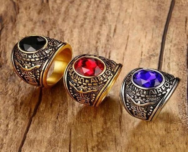 

us air force men039s military rings stainless steel goldcolor red blue black stone ring environmental material lead 7181514, Golden;silver