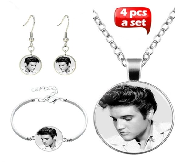 

elvis presley glass cabochon necklace earrings bangle settotally 4 pcs1561580, Black