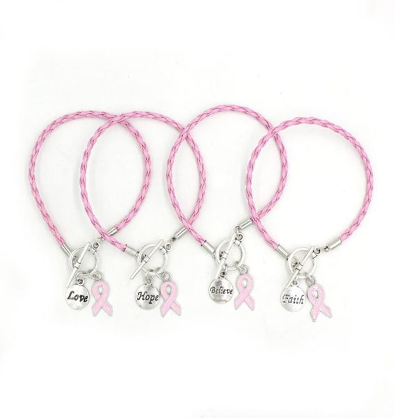 

new arrival pu leather rope pink ribbon charm bracelet believe faith hope breast cancer bracelets bangles for women awareness jewe7400744, Golden;silver