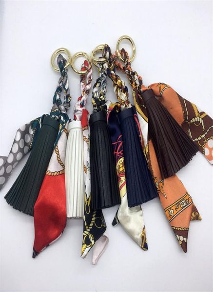

women luxury keychains scarf pu leather tassel car key chain ring holder fashion pendant bag charm keyring jewelry accessories for1195664, Slivery;golden